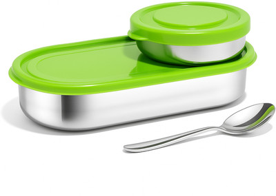 SAHU Stainless Steel Oval Lunch Box 2 containers & 1 Spoon For Office 2 Containers Lunch Box(700 ml)