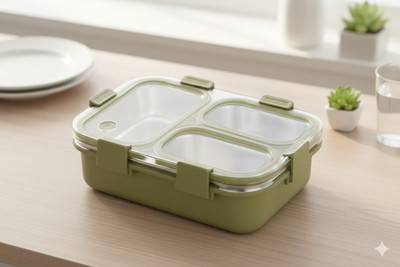 VSELL Lunch Box 3 Compartment Leakproof, Stainless Steel, With Spoon + FORK 3 Containers Lunch Box(850 ml, Thermoware)