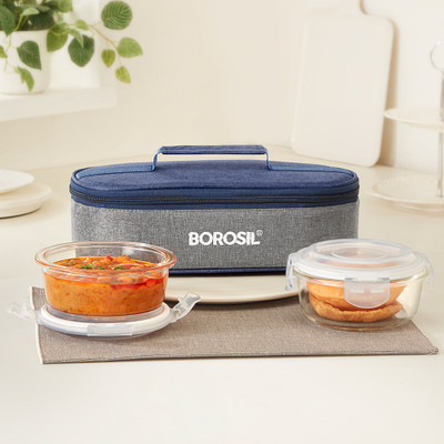 BOROSIL Alora Glass Lunchbox, 2 pc Round Set (400 ml Each), Horizontal 2 Containers Lunch Box(640 ml)