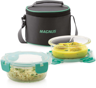 Magnus Glock Solid Glass Lunch Box with Vertical Pouch and Detachable Clip 2 Containers Lunch Box(800 ml)
