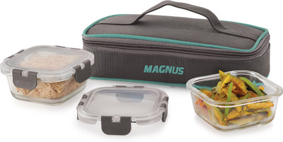 Magnus Glock Solid Glass Lunch Box with Flat Pouch and Detachable Clip 2 Containers Lunch Box(640 ml)