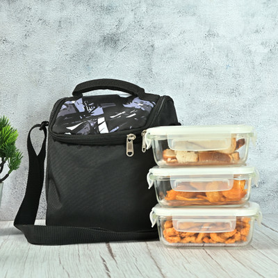 Femora Borosilicate Glass Rectangular Glass Lunch Box with Bag, 3 Containers Lunch Box(400 ml)