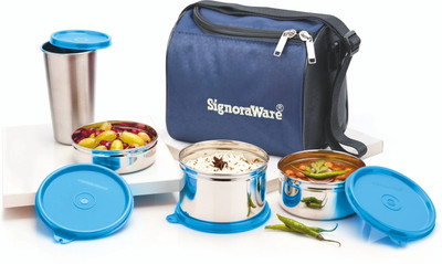 Signoraware Leakproof Stainless Steel Lunch Box with Bag Tumbler for Office School College 3 Containers Lunch Box(1200 ml)