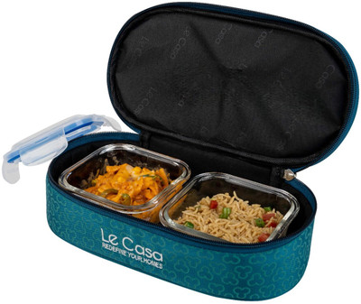 Le Casa Fresh Bite Set of 2 - 320ML Each |Square Container Lunch Box with Bag & 1 Spoon| 2 Containers Lunch Box(320 ml)
