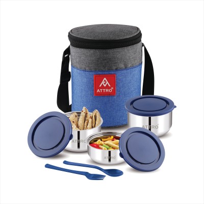 ATTRO Fresho Stainless Steel Double Wall Lunch Pack, Airtight & Leak Proof Dark Blue 3 Containers Lunch Box(800 ml, Thermoware)