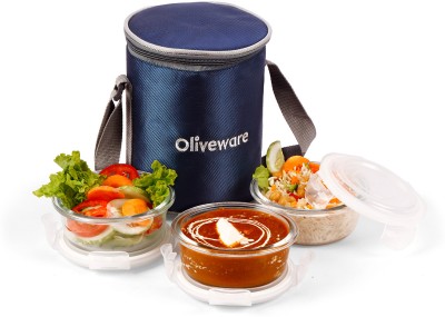 Oliveware Pebble Glassware Lunchbox | Borosilicate Glass | Microwave, Dishwasher Safe 3 Containers Lunch Box(1200 ml)