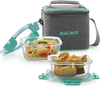 Magnus Glock Linen Glass Lunch Box with Vertical Pouch 2 Containers Lunch Box(640 ml)