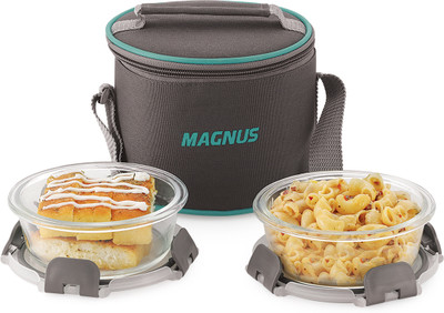 Magnus G-Lock Solid Glass Lunch Box with Vertical Pouch and Detachable Clip 2 Containers Lunch Box(800 ml)