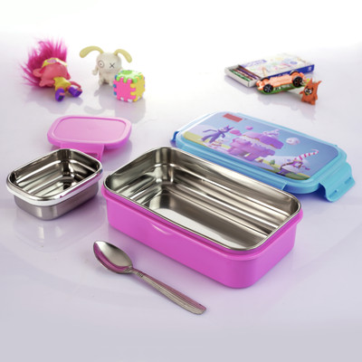 Flipkart SmartBuy Happy Bite Big Stainless Steel Lunch Box with 4 Side Clip Lock Lid For School 2 Containers Lunch Box(870 ml)