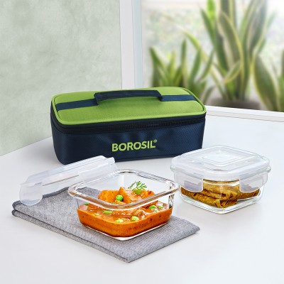 BOROSIL Alfa Green Lunch Box Set of 2 (320 ml Each) Square, Microwave Safe Office Tiffin 2 Containers Lunch Box(640 ml)