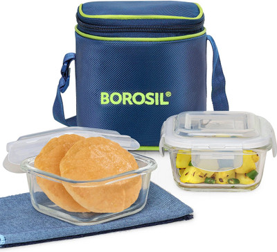 BOROSIL Klip-n-Store Lunch Box with Bag, 2 Pc (320ml x 2), Square Office Tiffin 2 Containers Lunch Box(640 ml)