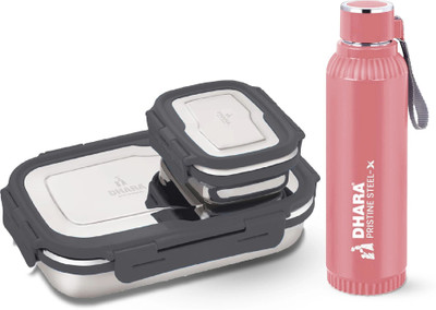 Dhara Stainless Steel Bottle 700ml Dark Peach & Blaze Lunch Box Containers 900ml + 200ml Grey 2 Containers Lunch Box(1100 ml)