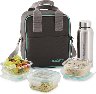 Magnus Vivid Solid Glass Lunch Box with Fixed Clip, Vertical Pouch & 1 SS Bottle 3 Containers Lunch Box(1660 ml)