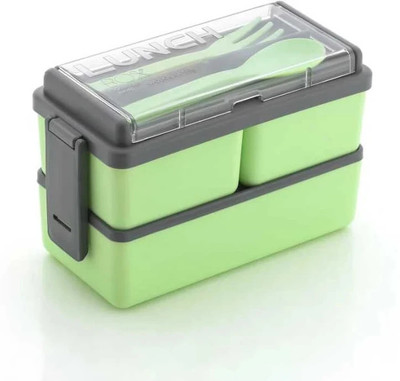 Oasistore Double dekar pista colour plastic with 1 spoon & 1 fork, seprate closing lid 3 Containers Lunch Box(1400 ml)