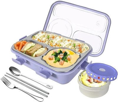 kitchmake BearHug Bento Lunch Box 3 Compartment with a Fork, a Spoon, Pair of Chopsticks 3 Containers Lunch Box(950 ml, Thermoware)