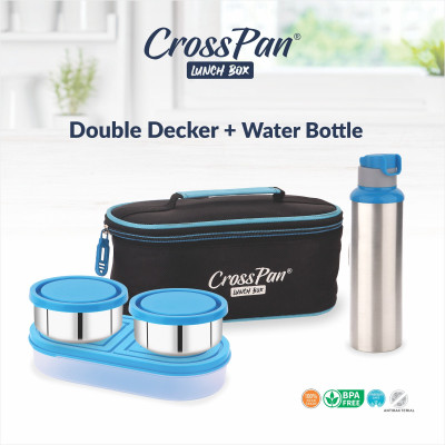CrossPan Double Decker Executive Stainless Steel Lunch/Tiffin Box/Pack 3Containers (Blue)+ Sleek Water Bottle (600ml) 3 Containers Lunch Box(1000 ml)