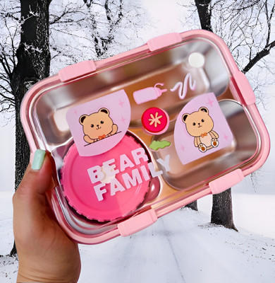 HM EVOTEK Stainless Steel Bento Box – Bear Design, Leakproof, with Utensils 1 Containers Lunch Box(850 ml, Thermoware)