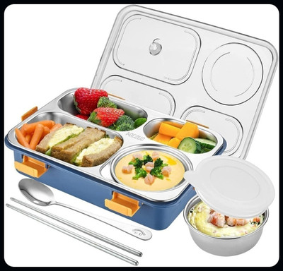 Kello Stainless Steel 4 Compartment Lunch Box with Spoon Fork On-The-Go Meal BPA-Free 4 Containers Lunch Box(900 ml, Thermoware)
