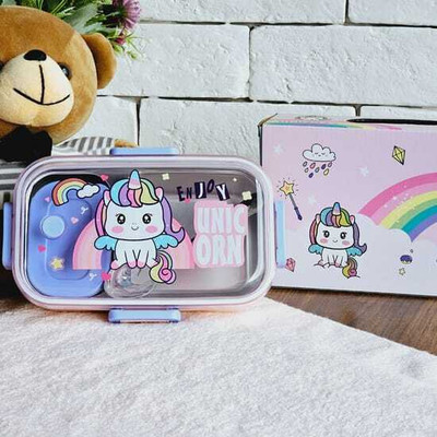 AMYCAUR Unicorn Lunch Box For Girls, 2 Compartment Bento Box with Spoon 2 Containers Lunch Box(700 ml, Thermoware)