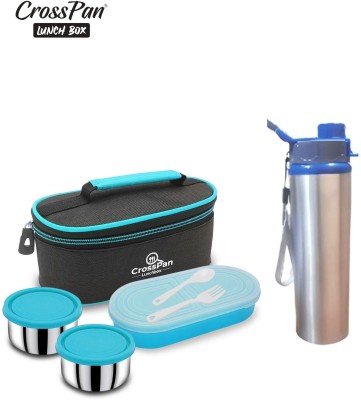 CrossPan Double Decker Executive Stainless Steel Lunch/Tiffin Box/Pack 3Containers (Blue)+ Sleek Water Bottle (600ml) 3 Containers Lunch Box(1000 ml)
