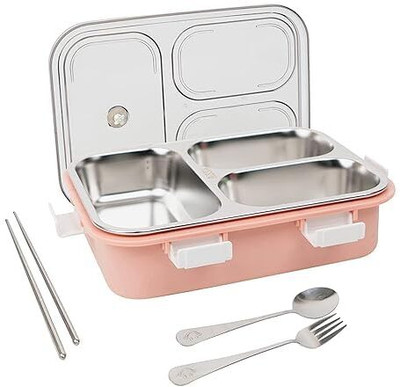 Rajdhani Enterprise Stainless Steel Lunch Box Leak Proof - 3 Proof BPA Free with Spoon pink 3 Containers Lunch Box(450 ml)