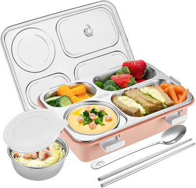 HM EVOTEK 4 Compartment Stainless Steel Lunch Box with Fork & Spoon, Lid for School 4 Containers Lunch Box(400 ml, Thermoware)