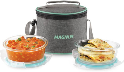 Magnus Vivid Glass Lunch Box with Vertical Linen Pouch and Fixed Clip 2 Containers Lunch Box(800 ml)