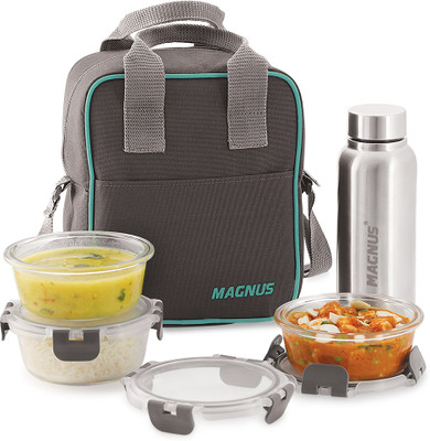 Magnus Glock Solid Glass Lunch Box with Vertical Pouch and Detachable Clip, 1 SS Bottle 3 Containers Lunch Box(1900 ml)