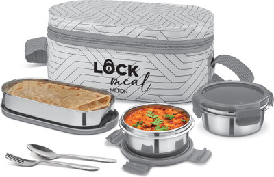 MILTON Lock Meal 2 Round Inner Steel 320ml each, 1 Oval Containers 450ml, Cutlery & Bag 3 Containers Lunch Box(450 ml)