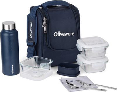 Oliveware Teso Pro Maxx Glassware Lunchbox with Steel Cutlery | Complete Meal (Blue) 3 Containers Lunch Box(1280 ml, Thermoware)