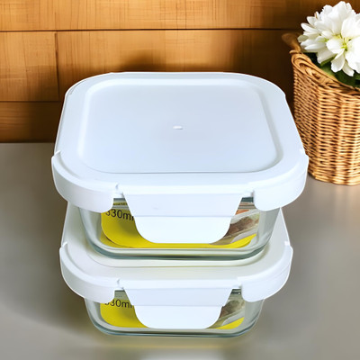 Lemon Tree Square Borosilicate Glass Bowl Lunch Box Tiffin Container with Air Tight Lid 2 Containers Lunch Box(330 ml, Thermoware)