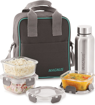 Magnus Glock Solid Glass Lunch Box with Vertical Pouch and Detachable Clip 1 SS Bottle 3 Containers Lunch Box(1660 ml)