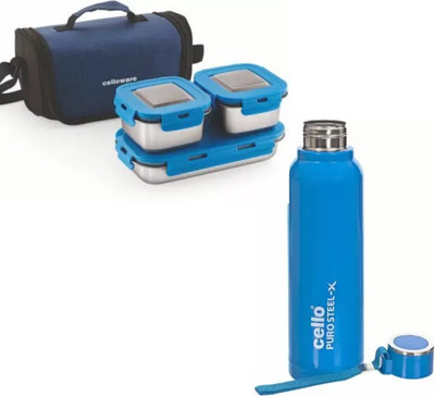 cello Puro Steel-X Benz 900ml & MF Foodzone 3 Containers Lunch Box(1280 ml)