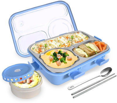 RBGIIT Leakproof Detachable Inner Steel 3 Compartments Spoon Chopstick Small 4 Containers Lunch Box(750 ml, Thermoware)