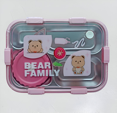 PBKN Bear Family Steel Lunchbox | Microwave Safe, Leakproof, 3 Compartments B1 3 Containers Lunch Box(750 ml, Thermoware)