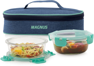 Magnus Glock Linen Glass Lunch Box with Blue Flat Pouch 2 Containers Lunch Box(800 ml)