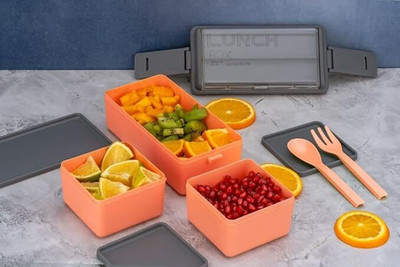 MR Wonder Premium Quality Double Decker/Layer Lunch Box with 3 Detachable Box, 2 Spoons 3 Containers Lunch Box(1400 ml, Thermoware)