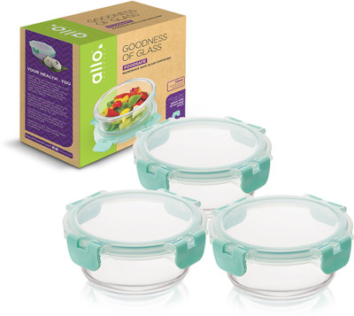 Allo Borosilicate Glass Lunch Box with Lid And Break Free Lock, Microwave Safe 3 Containers Lunch Box(390 ml)