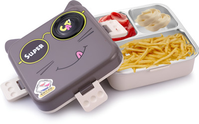 SRBK fashion Carnival Super Cat 2-Layer Steel Lunch Box w/ Tray, Container, Spoon, BPA Free 3 Containers Lunch Box(1120 ml)