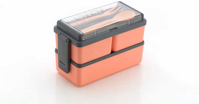Oasistore Double dekar orange colour plastic with 1 spoon & 1 fork, seprate closing lid 3 Containers Lunch Box(1400 ml)