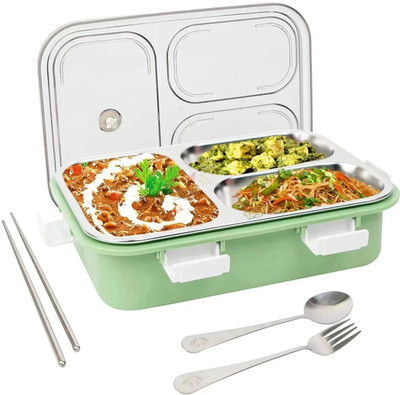 FUNVERSE Stainless Steel Lunch Box with 3 Compartment with Spoon for Kids & Adults 2 Containers Lunch Box(750 ml)