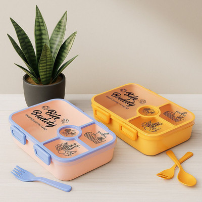 Milyyy Bite Buddy Plastic Lunch Box Combo Pack of 2 (Peach & Yellow) 4 Containers Lunch Box(1000 ml)