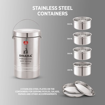 Dhara Stainless Steel Mazaana 4 Tier Medium Stainless Steel Insulated Tiffin Box 4 Containers Lunch Box(1300 ml, Thermoware)