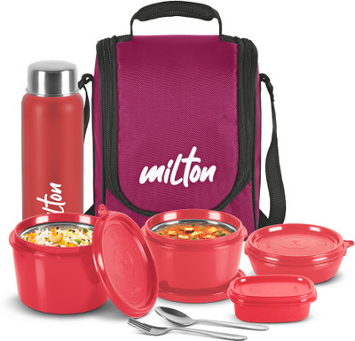 MILTON Pro (3 Containers, 1 Chutney Dabba, 1 Bottle, Spoon, Fork), Maroon 4 Containers Lunch Box(1800 ml, Thermoware)