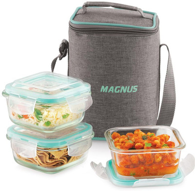 Magnus Vivid Glass Lunch Box with Vertical Linen Pouch and Fixed Clip 3 Containers Lunch Box(960 ml)