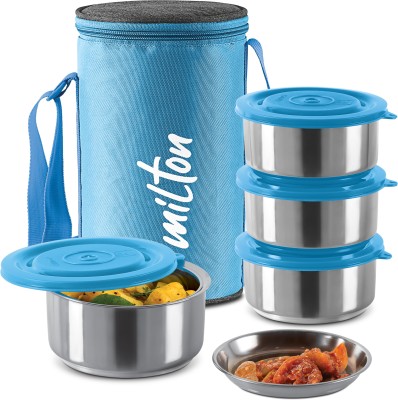MILTON Ambition 4 Stainless Steel Tiffin, 300 ml Each with Jacket, Blue 4 Containers Lunch Box(1200 ml)