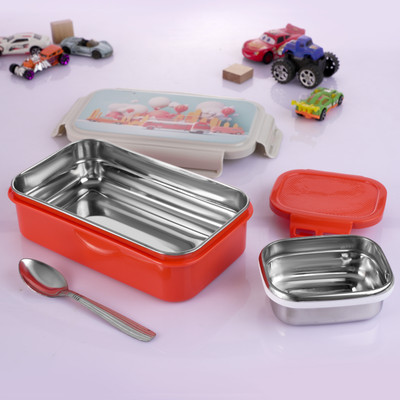 Flipkart SmartBuy Happy Bite Big Stainless Steel Lunch Box with 4 Side Clip Lock Lid For School 2 Containers Lunch Box(870 ml)