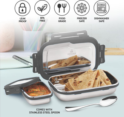 Dhara Stainless Steel Food Grade Rust Proof Blaze Tiffin Box 900ml + Mini Inner Container 200ml Grey 2 Containers Lunch Box(1100 ml)