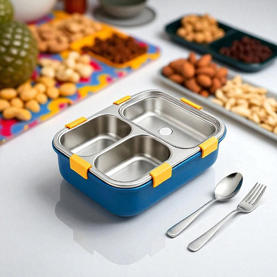 Colorbee Portable Steel Lunch Box with Leakproof Compartments and Secure Locking Clips 3 Containers Lunch Box(750 ml, Thermoware)