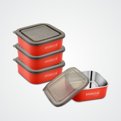 KITCHEN CLUE Stainless Steel Microwave Safe Food Storage Containers With Airtight Lids 4 Containers Lunch Box(600 ml, Thermoware)